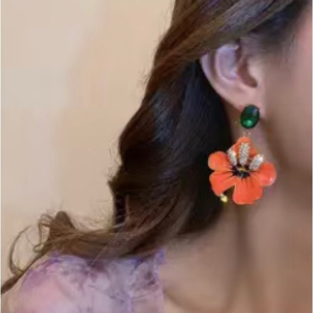 Orange Flower Jewel Drop Earrings